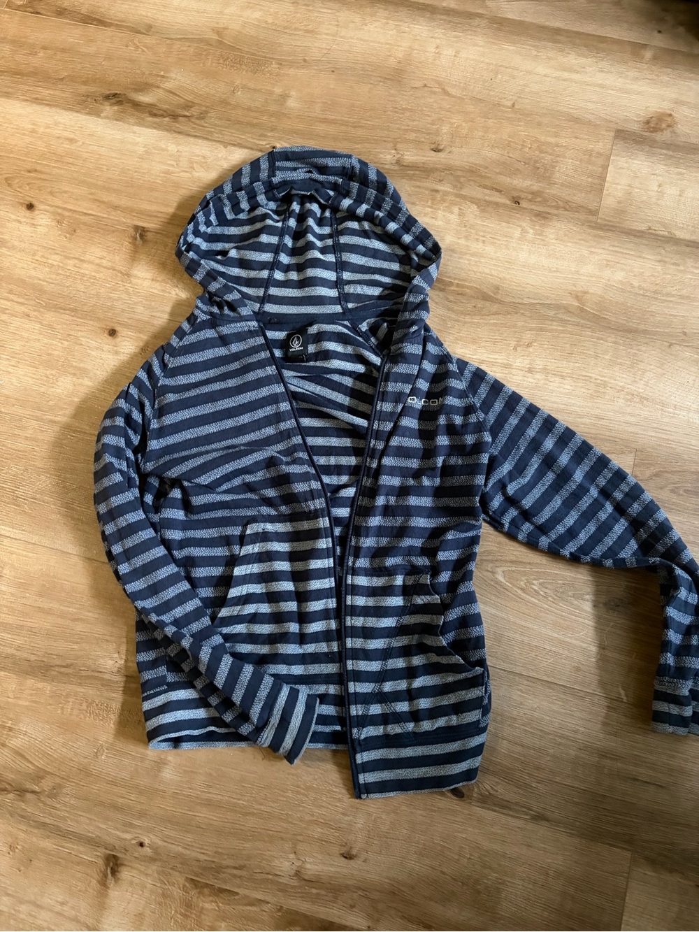 Volcom Striped Hooded Puffer Jacket - Navy and Gray